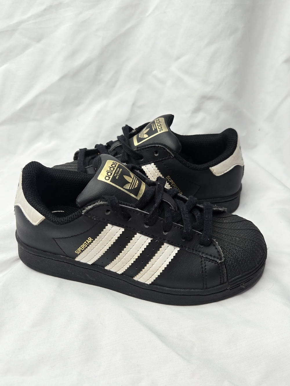 Adidas Superstar Kids Size 13K Black White Gold Shell Toe Sneakers EF5394